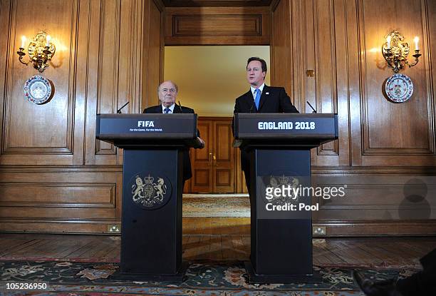 Prime Minister David Cameron and President of FIFA Sepp Blatter speak to the media at number 10 Downing Street on October 13, 2010 in London,...