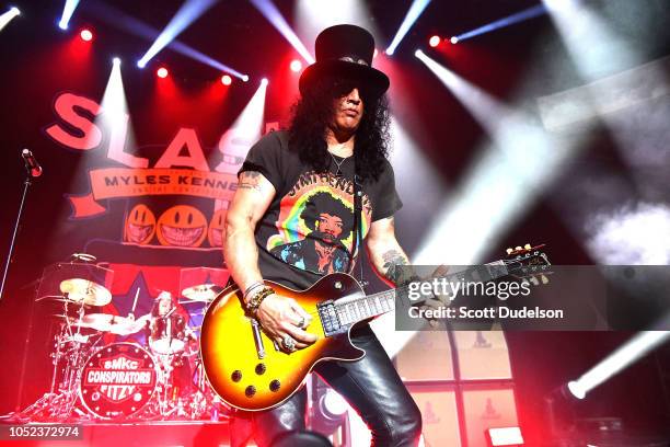 Guitarist Slash, founding member of Guns N' Roses perform onstage at Hollywood Palladium on October 16, 2018 in Los Angeles, California.