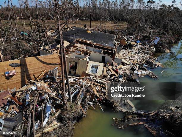 Destroyed house sits in debris and rubble in the aftermath of Hurricane Michael on October 17, 2018 in Mexico Beach, Florida. The hurricane hit on...