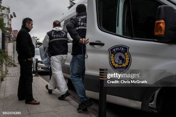 Turkish police officers work in front of the Saudi Arabian consulate general residence as investigations continue into the disappearance of...