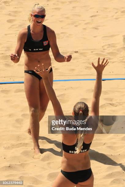 Emilie Olimstad and Frida Berntsen of Norway celebrate ll in the Women's Volleyball Bronze medal match on day 11 of Buenos Aires 2018 Youth Olympic...