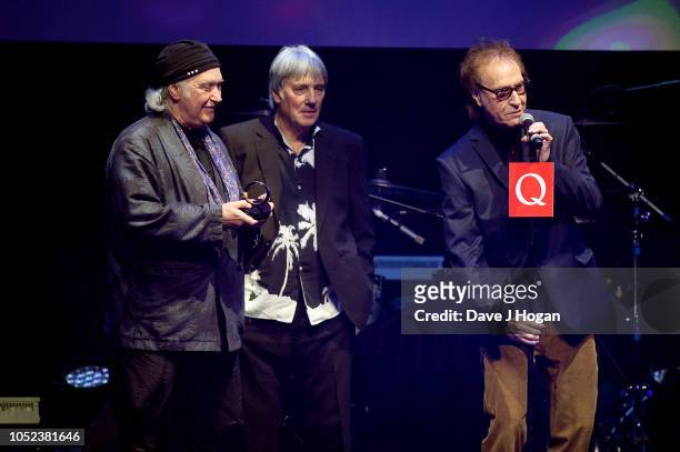 Dave Davies, Mick Avory and Ray Davies of The Kinks, winners of Q Classic Album at the Q Awards 2018 held at The Roundhouse on October 17, 2018 in...