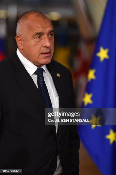 Bulgaria's Prime Minister Boyko Borisov arrives at the European Council in Brussels on October 17, 2018. - British Prime Minister Theresa May is due...