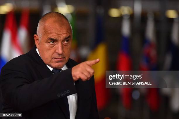 Bulgaria's Prime Minister Boyko Borisov gestures as he arrives at the European Council in Brussels on October 17, 2018. - British Prime Minister...