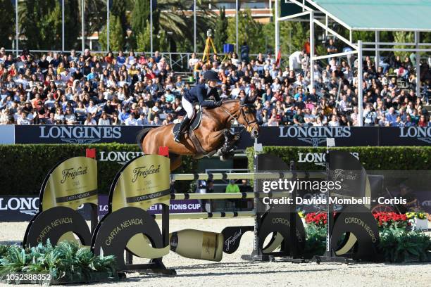 Irma Karlsson of Sweden riding Ida van de Bisschop, during Longines FEI Jumping Nations Cup Final Competition on October 7, 2018 in Barcelona, Spain.