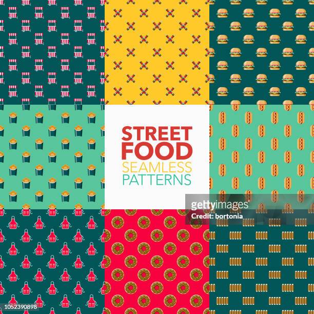 street food seamless pattern set - double hotdog stock illustrations