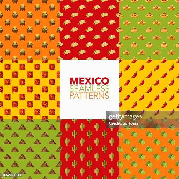 mexiko-nahtlose muster-set - sombrero stock-grafiken, -clipart, -cartoons und -symbole