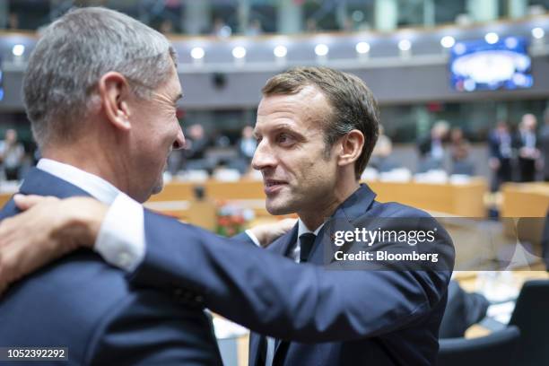 Emmanuel Macron, France's president, right, speaks with Andrej Babis, Czech Republic's prime minister, during a European Union leaders Brexit summit...
