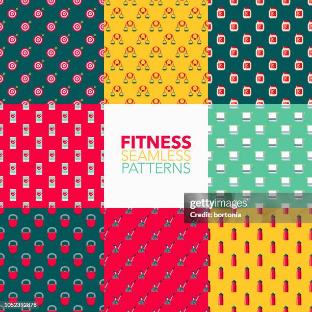 fitness seamless pattern set - gym workout background stock illustrations