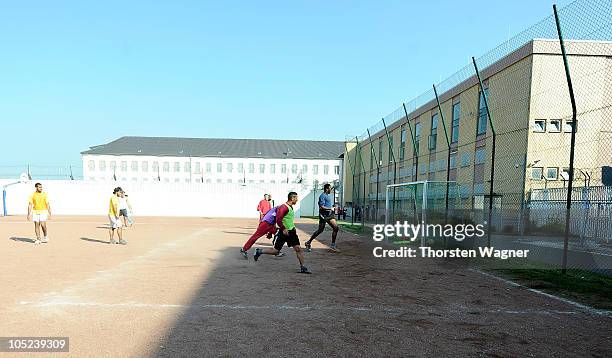 Young prisoners play football during a visit of Sepp Herberger Foundation at a prison on October 13, 2010 in Zweibruecken, Germany. Eckel and Kuntz...