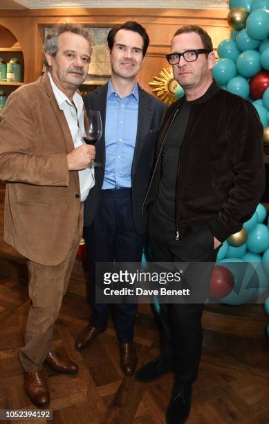 Mark Hix, Jimmy Carr and Mark Wogan attend the launch of the "Fortnum & Mason Christmas & Other Winter Feasts" cookbook by Tom Parker Bowles at...