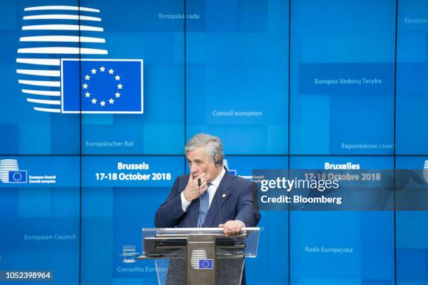 Antonio Tajani, president of the European Parliament, pauses while speaking at a news conference during a European Union leaders Brexit summit in...