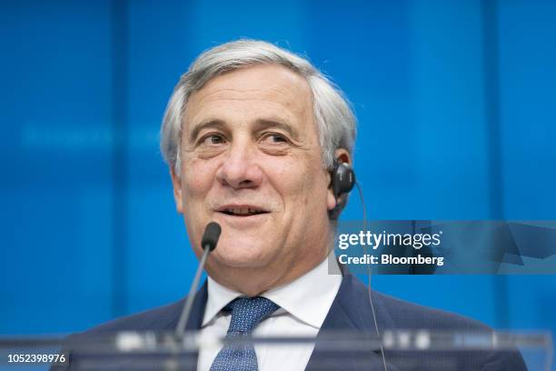 Antonio Tajani, president of the European Parliament, speaks at a news conference during a European Union leaders Brexit summit in Brussels, Belgium,...