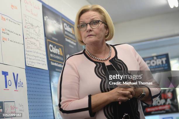 Sen. Claire McCaskill gives remarks during a campaign stop at a Missouri Democratic Campaign office on October 17, 2018 in Arnold, Missouri....