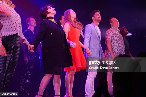 Patti LuPone, Rosalie Craig and Jonathan Bailey bow at the curtain call during the press night performance of "Company" at The Gielgud Theatre on...