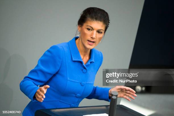 Co-Leader of Die Linke party Sahra Wagenknecht speaks in Bundestag in Berlin, Germany on October 17, 2018.