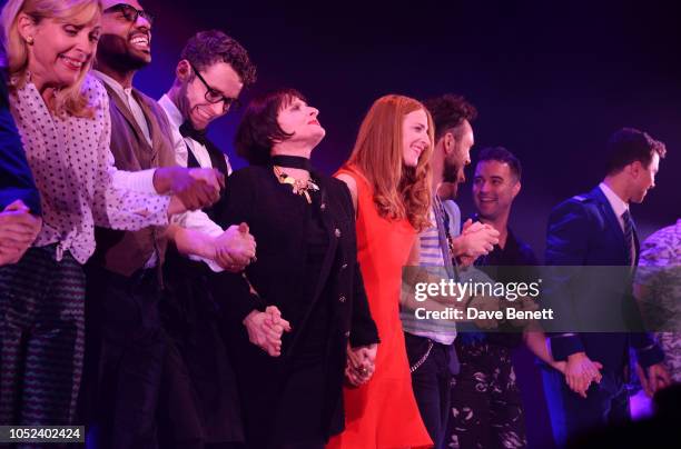 Cast members including Mel Giedroyc, Patti LuPone, Rosalie Craig and Richard Fleeshman bow at the curtain call during the press night performance of...