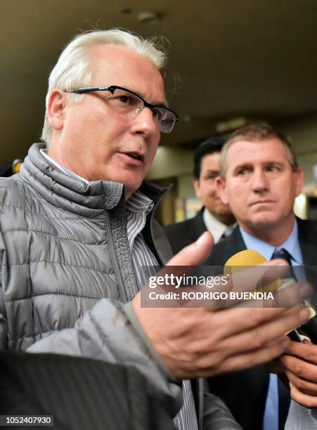 Spanish former judge Baltasar Garzon, lawyer of Wikileaks founder Julian Assange, talks to the press shortly after arriving at Mariscal Sucre...