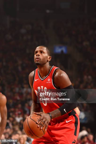 Miles of the Toronto Raptors shoots a free throw against the Cleveland Cavaliers on October 17, 2018 at Scotiabank Arena in Toronto, Ontario, Canada....