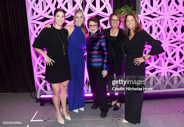 Hilary Knight, Meghan Duggan, Billie Jean King, Mary Carillo and Julie Foudy pose for a photo onstage during The Women's Sports Foundation's 39th...