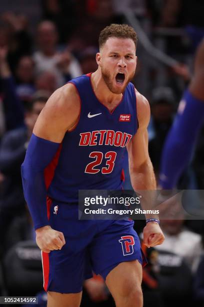 Blake Griffin of the Detroit Pistons reacts to a fourth quarter play while playing the Brooklyn Nets during the home opener at Little Caesars Arena...