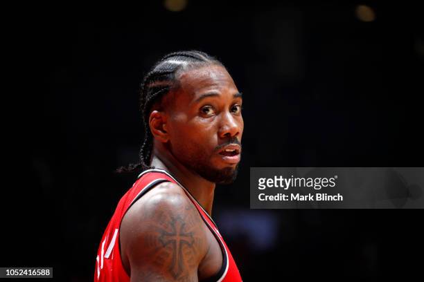 Kawhi Leonard of the Toronto Raptors looks on during the game against the Cleveland Cavaliers on October 17, 2018 at Scotiabank Arena in Toronto,...