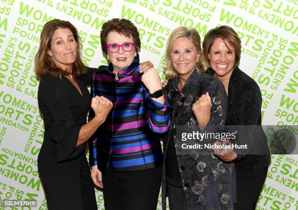 Julie Foudy, Billie Jean King, Donna de Varona and Mary Carillo pose backstage during The Women's Sports Foundation's 39th Annual Salute To Women In...