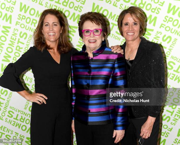 Julie Foudy, Billie Jean King, and Mary Carillo pose backstage during The Women's Sports Foundation's 39th Annual Salute To Women In Sports And The...