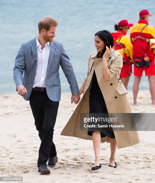 Prince Harry, Duke of Sussex and Meghan, Duchess of Sussex visit South Melbourne Beach on October 18, 2018 in Melbourne, Australia. The Duke and...