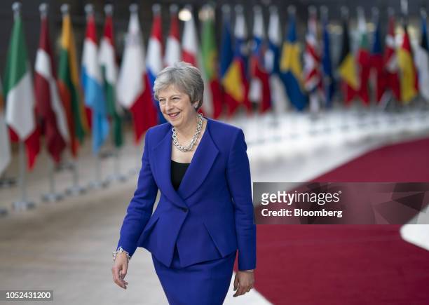 Theresa May, U.K. Prime minister, arrives for European Union leaders summit in Brussels, Belgium, on Thursday, Oct. 18, 2018. May said she is...