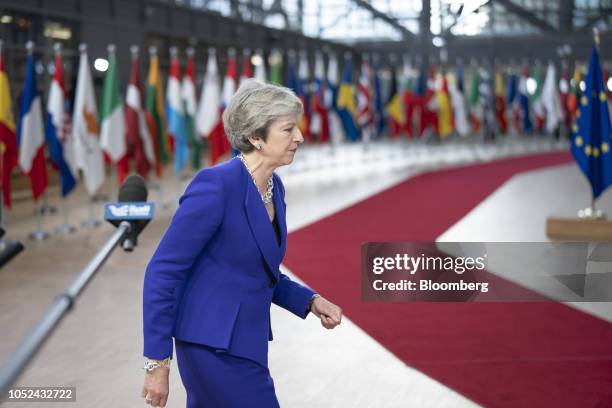 Theresa May, U.K. Prime minister, arrives for a European Union leaders summit in Brussels, Belgium, on Thursday, Oct. 18, 2018. May said she is...