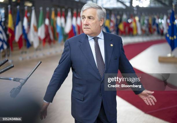 Antonio Tajani, president of the European Parliament, arrives for a European Union leaders summit in Brussels, Belgium, on Thursday, Oct. 18, 2018....