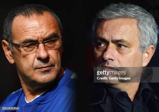 In this composite image a comparison has been made between Maurizio Sarri, Manager of Chelsea and Jose Mourinho, Manager of Manchester United....