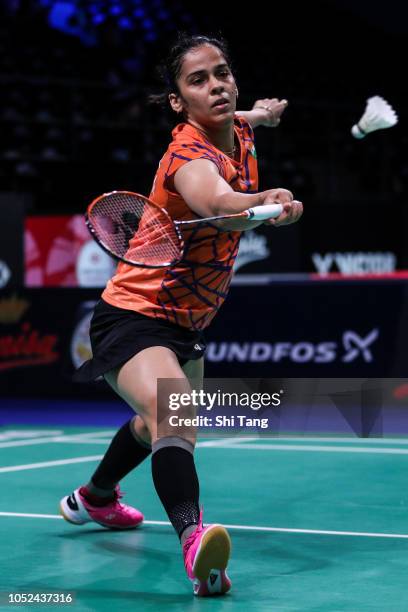 Saina Nehwal of India competes in the Women's Singles second round match against Akane Yamaguchi of Japan on day three of the Denmark Open at Odense...