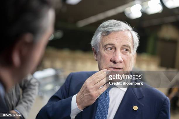 Antonio Tajani, president of the European Parliament, speaks to reporters during a European Union leaders Brexit summit in Brussels, Belgium, on...