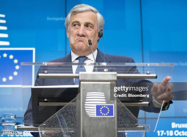 Antonio Tajani, president of the European Parliament, reacts during a news conference at a European Union leaders Brexit summit in Brussels, Belgium,...