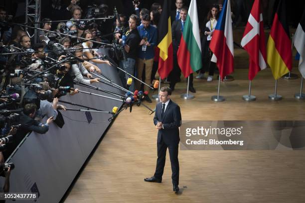 Emmanuel Macron, France's president, speaks to reporters ahead of a European Union leaders Brexit summit in Brussels, Belgium, on Wednesday, Oct. 17,...
