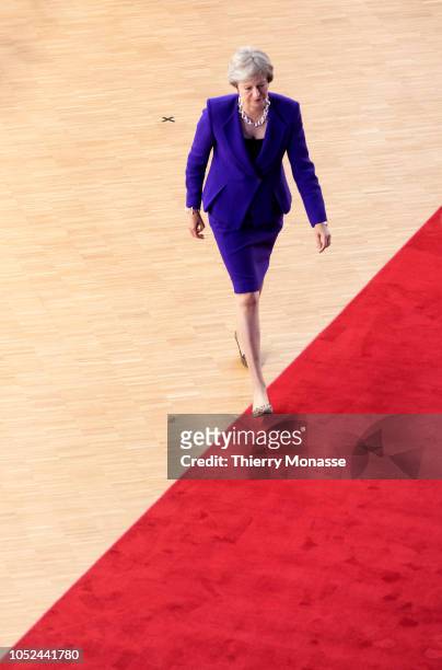 Prime Minister of the United Kingdom Theresa May arrives for an EU chief of state summit in the Europa, the EU Council headquarter on October 18,...