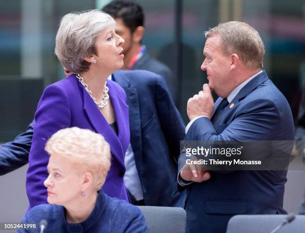 Prime Minister of the United Kingdom Theresa May is talking with the Danish Prime Minister Lars Lokke Rasmussen and the Lithuanian President Dalia...