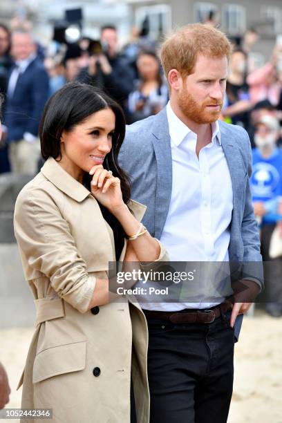 Prince Harry, Duke of Sussex and Meghan, Duchess of Sussex visit South Melbourne Beach October 18, 2018 in Melbourne, Australia. The Duke and Duchess...