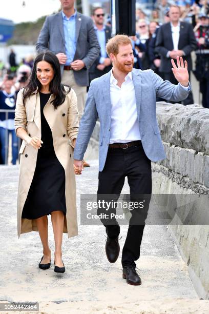 Prince Harry, Duke of Sussex and Meghan, Duchess of Sussex visit South Melbourne Beach October 18, 2018 in Melbourne, Australia. The Duke and Duchess...