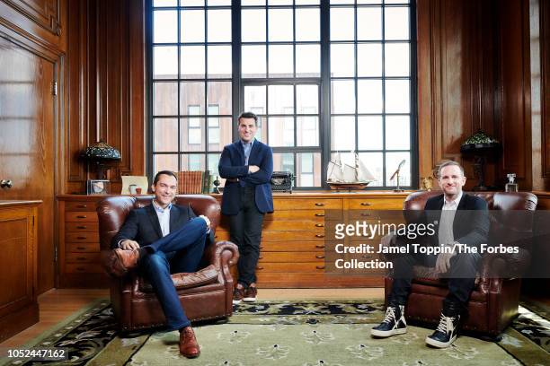 Airbnb cofounders Nathan Blecharczyk, Brian Chesky and Joe Gebbia are photographed for Forbes Magazine on June 17, 2018 at company's headquarters in...