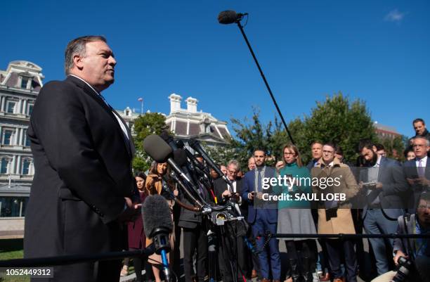 Secretary of State Mike Pompeo speaks to the press about his trip to Saudi Arabia after meeting with US President Donald Trump in the West Wing of...