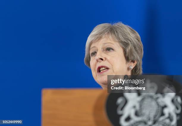 Theresa May, U.K. Prime minister, speaks during a news conference at a European Union leaders summit in Brussels, Belgium, on Thursday, Oct. 18,...