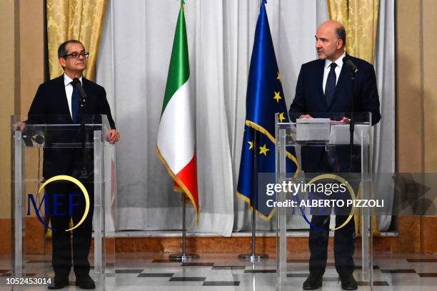 Italy's Minister of Economy and Finances, Giovanni Tria and European Affairs Commissioner, Pierre Moscovici hold a press conference following their...
