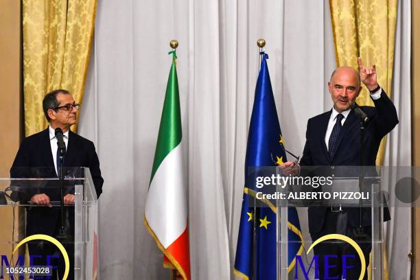 Italy's Minister of Economy and Finances, Giovanni Tria and European Affairs Commissioner, Pierre Moscovici hold a press conference following their...