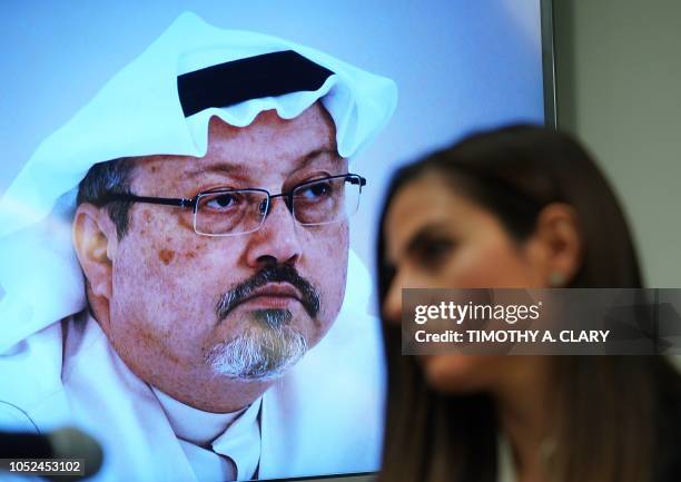 Sherine Tadros, head of New York Office of Amnesty International, speaks during a news conference at the United Nations on October 18, 2018. -...