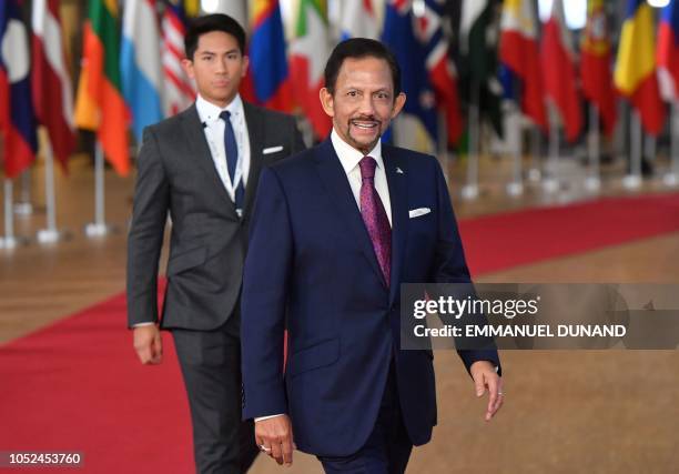 Sultan of Brunei Haji Hassanal Bolkiah is accompanied by his son Prince Abdul Mateen as he arrives for a Asia Europe Meeting at the European Council...