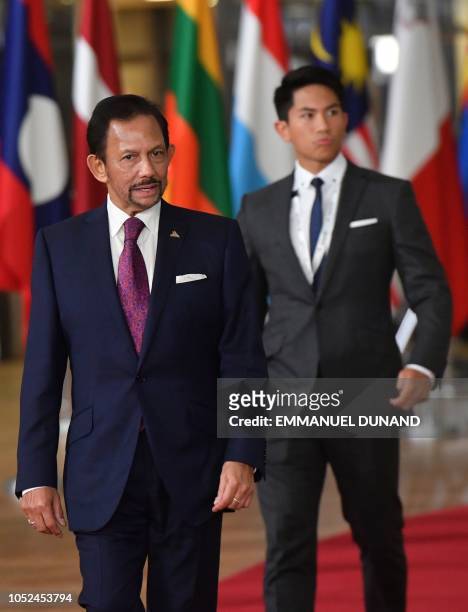 Sultan of Brunei Haji Hassanal Bolkiah is accompanied by his son Prince Abdul Mateen as he arrives for a Asia Europe Meeting at the European Council...