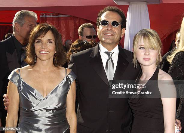 Brooke Adams, Tony Shalhoub and daughter Sophie during The 55th Annual Primetime Emmy Awards - Arrivals at The Shrine Theater in Los Angeles,...